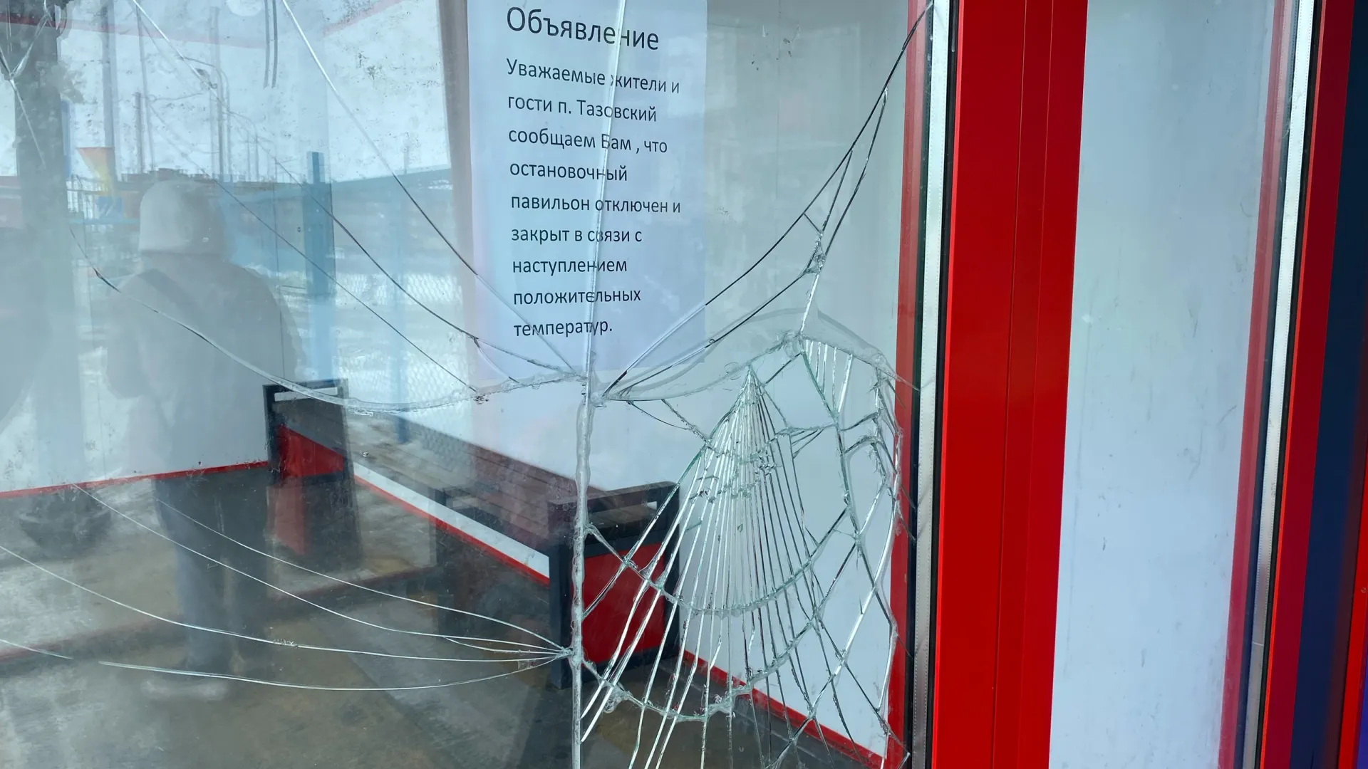 В этом остановочном павильоне разбили стекло. Фото: Анастасия Ульянова / «Ямал-Медиа»