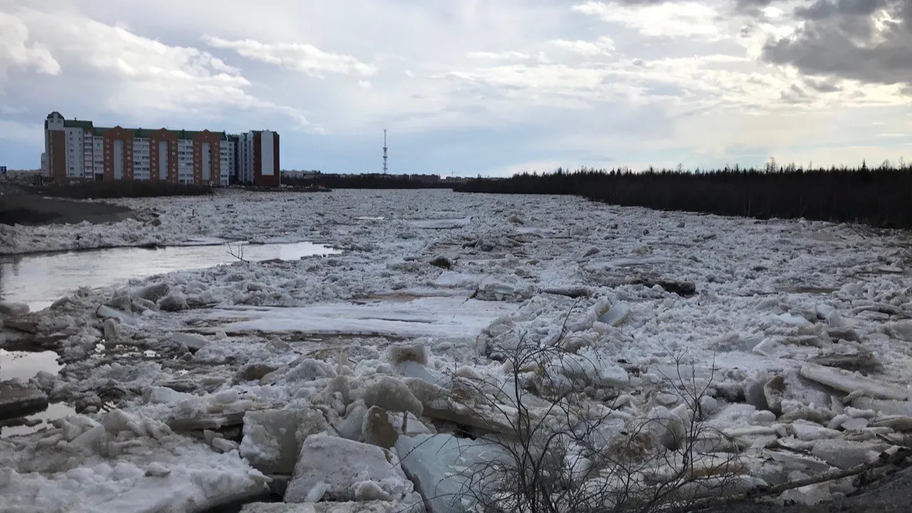 В Новом Уренгое льдины торопятся освободить гладь реки. Фото: Telegram-канал «НУР. Официально»