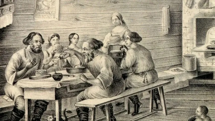 «Нут-ка, сватушка, с блинками-то выпьем по стаканчику», 1840-е годы. Литография А. Руднева. Источник: wikimedia.org