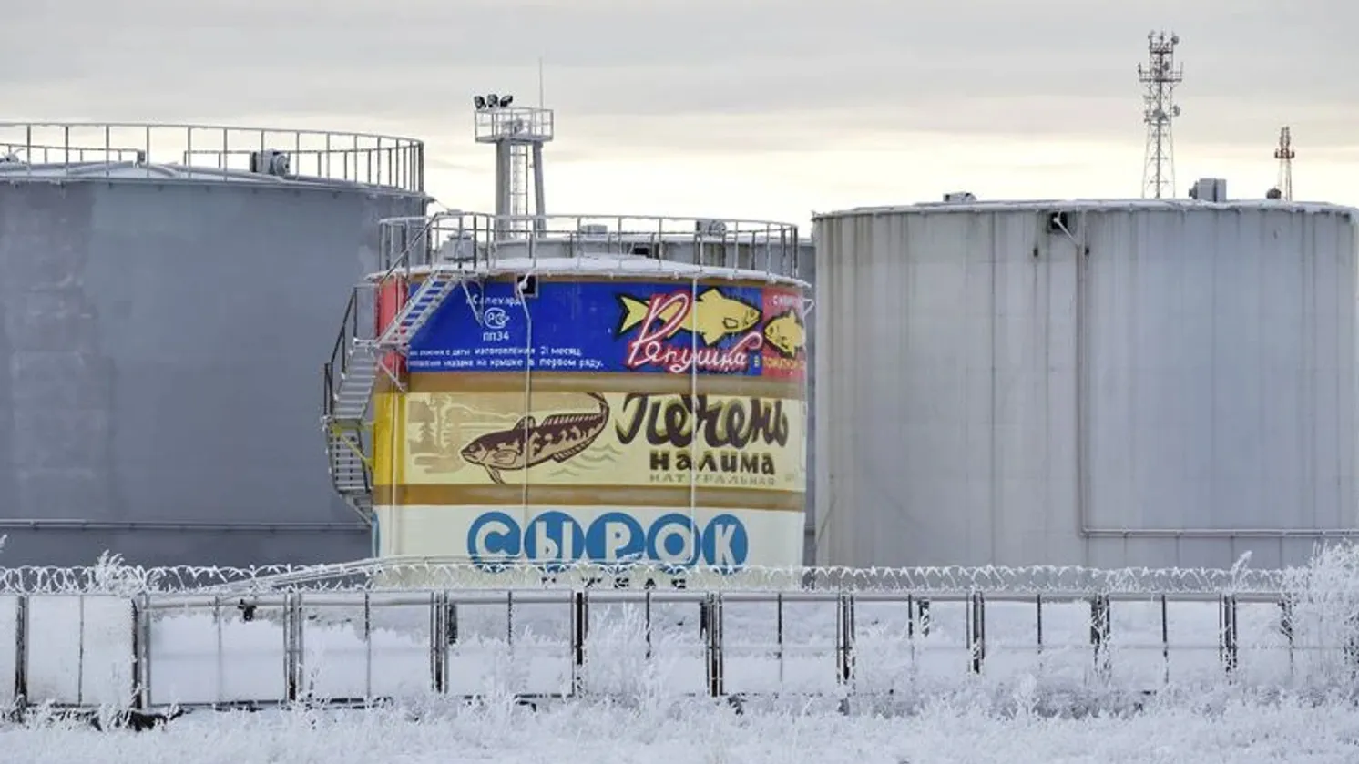 Мурал "Рыбные консервы" украшает резервуар с топливом в Салехарде. Фото: Андрей Ткачёв / "Ямал-Медиа"