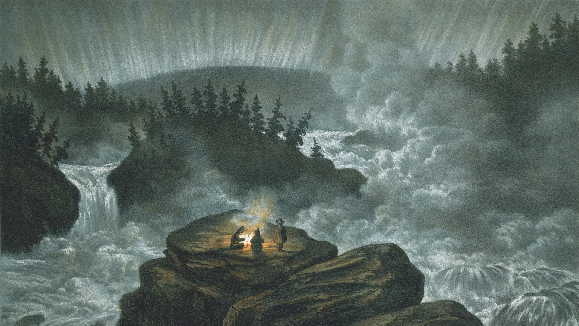 Карл Сванте Халльбек «Северное сияние в Лапландии». Литография. 1856. Источник: wikimedia.org