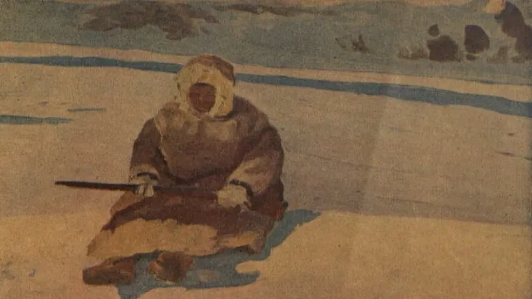 Самоед перед отъездом на охоту на белого медведя. Иллюстрация из альбома художника А. А. Борисова «Крайний север». Около 1900 года. 