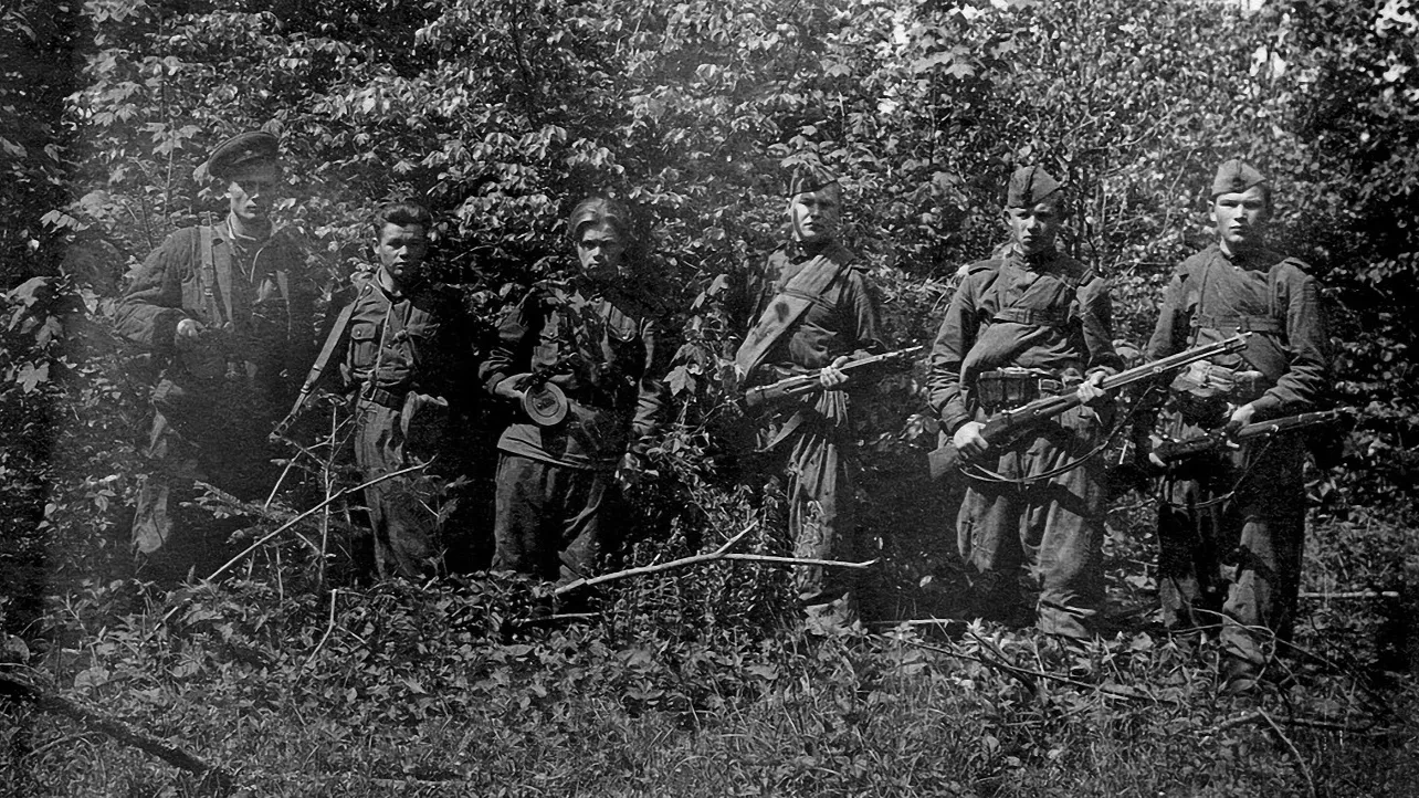 Участники ликвидации формирований ОУН-УПА в Коростенском лесу на Западной Украине, конец 40-х годов. Фото: waralbum.ru