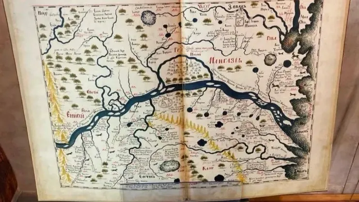 Карта Мангазеи на выставке в Салехарде. Фото: Надежда Хабаза/«КРАСНЫЙ СЕВЕР»