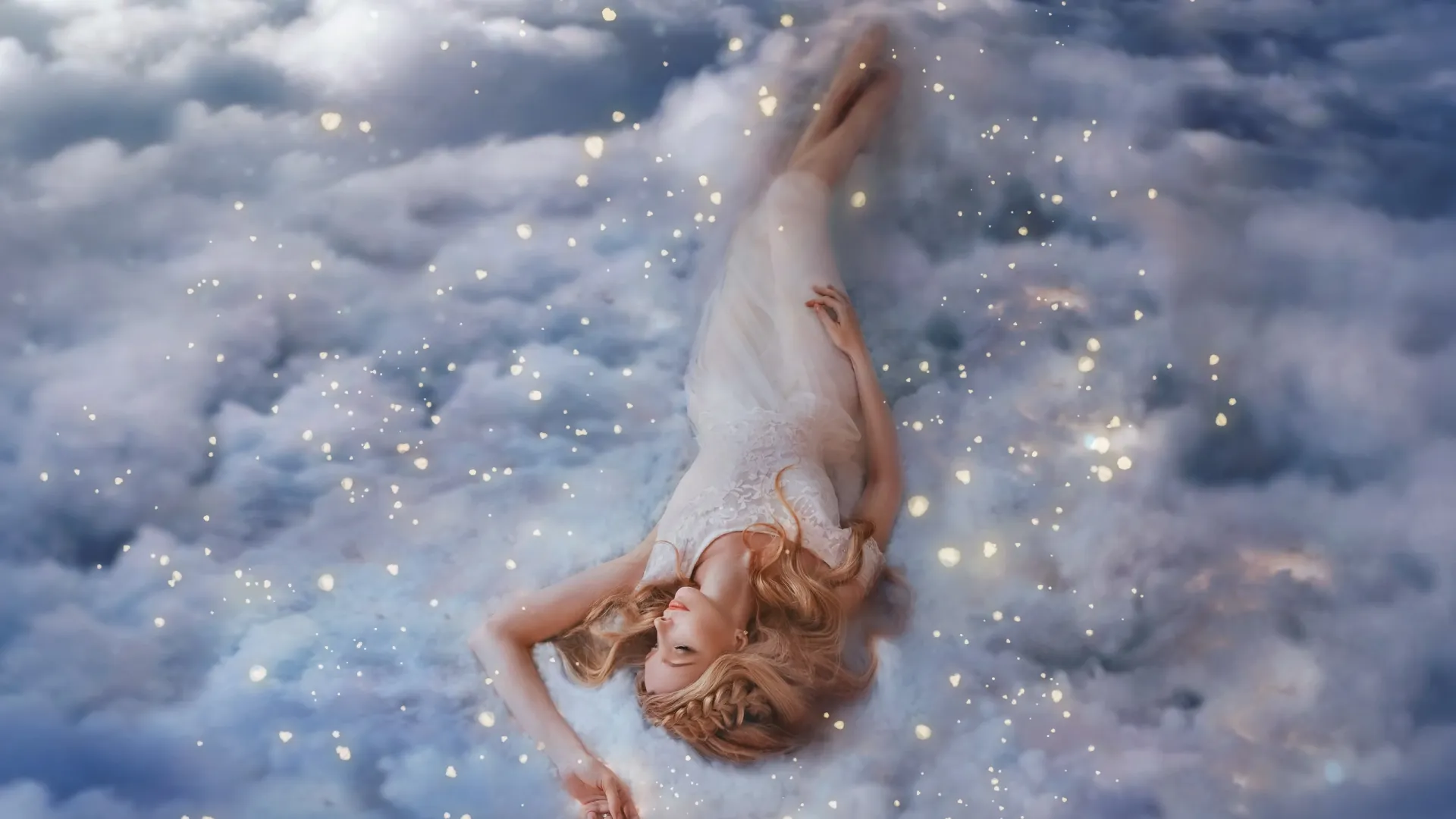 Спящий в каждой из нас. Астрология блондинка. Woman girl in the clouds sleeping ai midjourney.