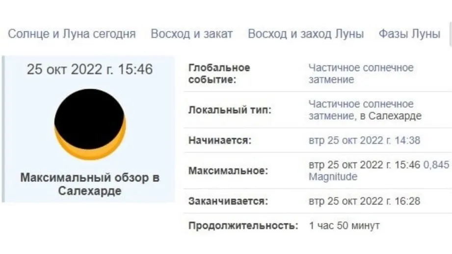 Когда смотреть солнечное затмение в Салехарде. Фото: timeanddate.com