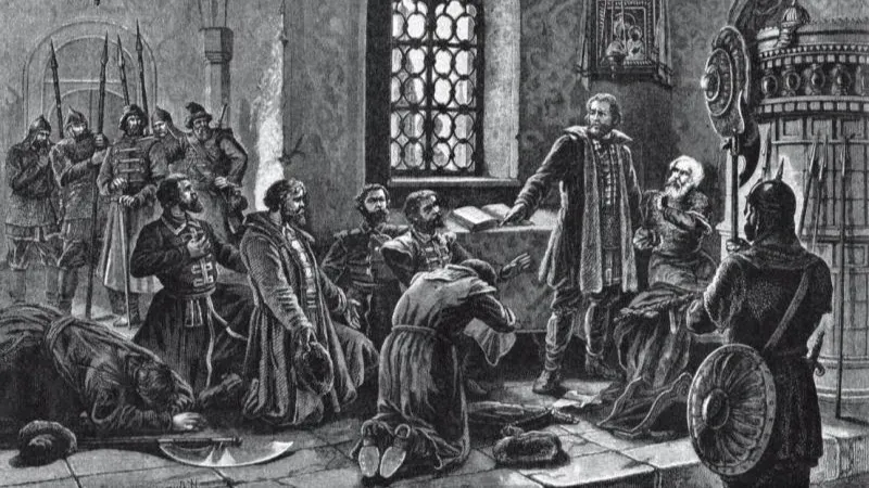 Князь Скопин-Шуйский разрывает грамоту послов Ляпунова о призвании на царство. Гравюра XIX века. Ориг. рис. Н. Лоренца, грав. Ю. Барановский.. http://www.runivers.ru/upload/iblock/31f/1_page_189.jpg, Общественное достояние, https://commons.wikimedia.org/w/index.php?curid=28111776