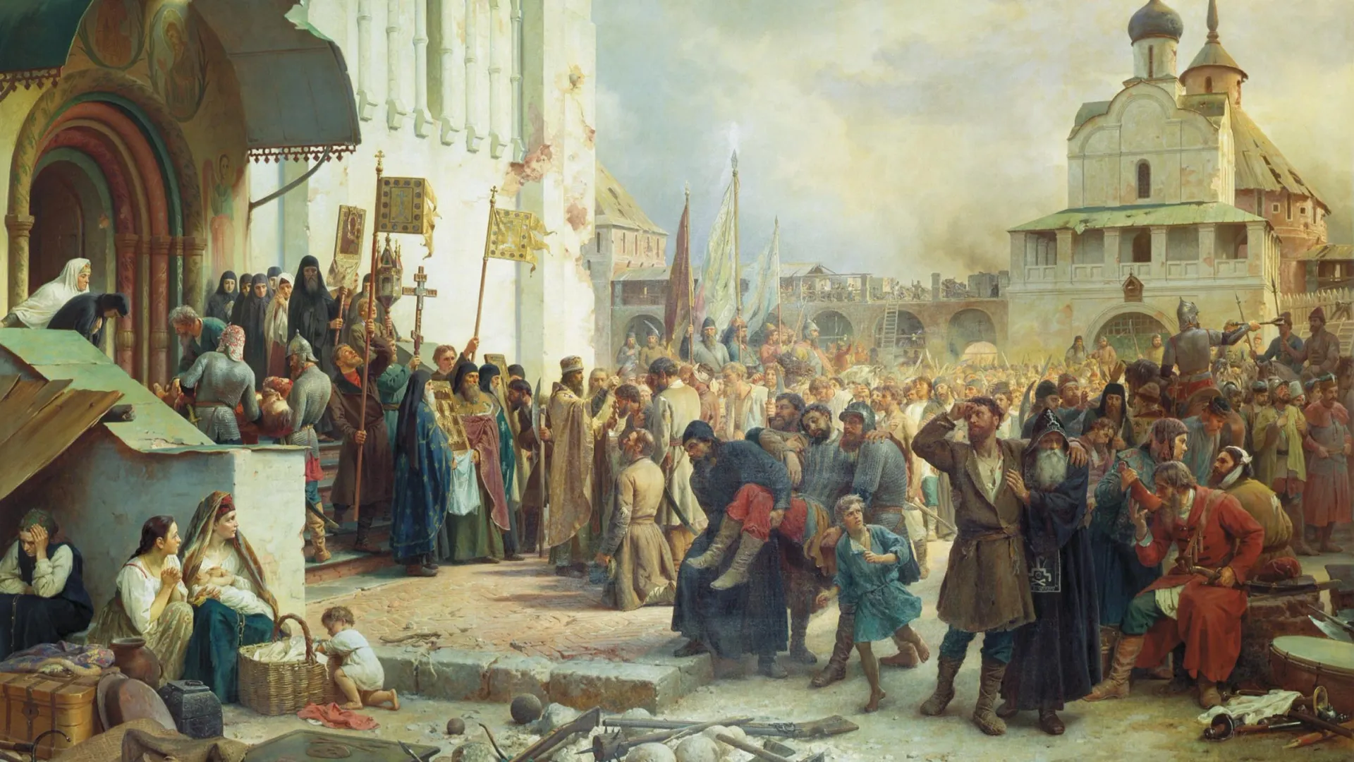 «Осада Троице-Сергиевой лавры». Василий Петрович Верещагин. http://www.belygorod.ru/img2/RusskieKartinki/Used/0VereschaginVP_OsadTrSerLa.jpg, Общественное достояние, https://commons.wikimedia.org/w/index.php?curid=8619114