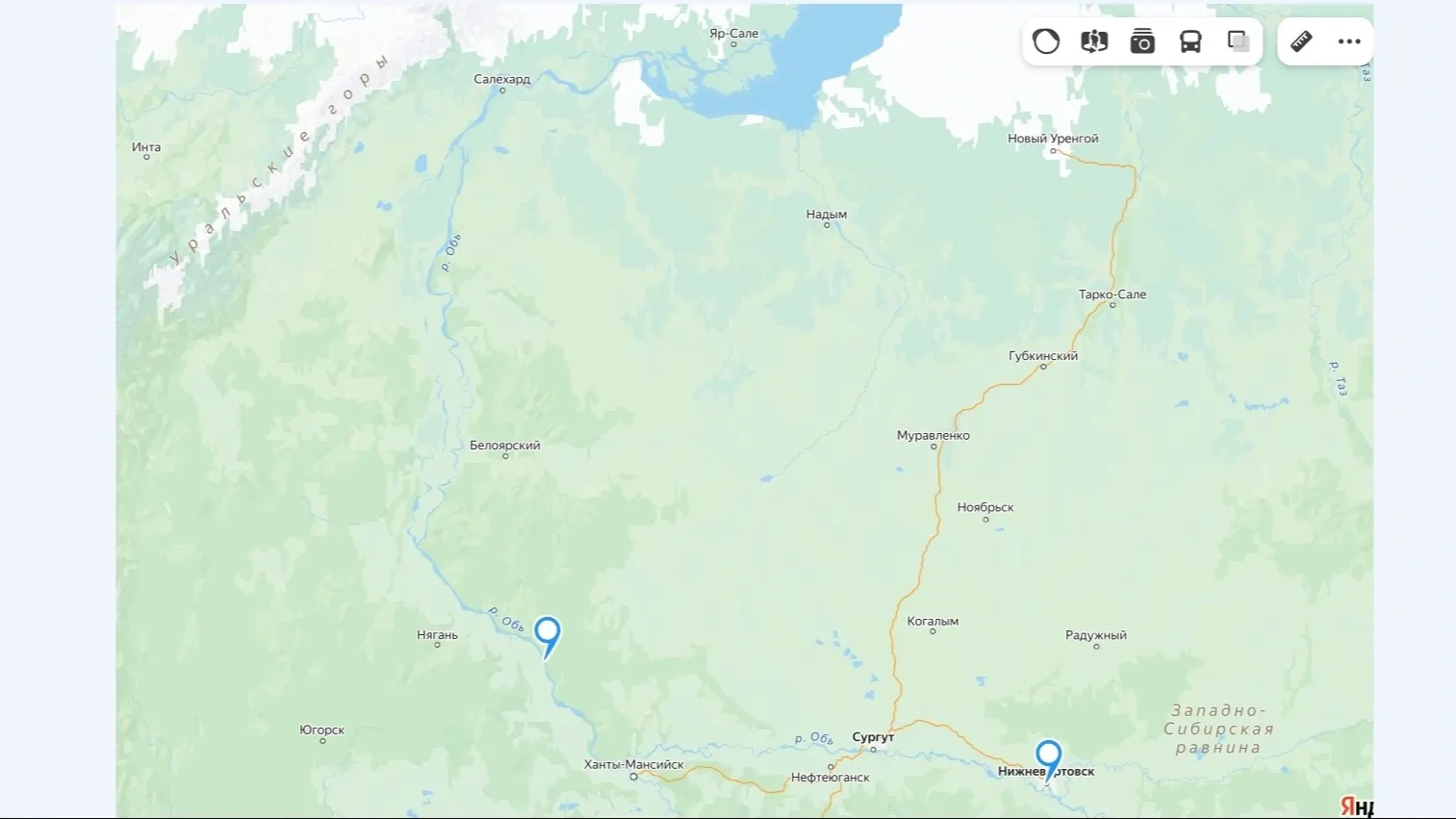 Где находятся две головы ледохода на Оби 2 мая 2025 года. Фото: скриншот сервиса «Яндекс Карты»