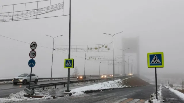 Видимость на дорогах окружной столицы и в ее окрестностях очень низкая. Фото: Владимир Ганчерко / «Ямал-Медиа»