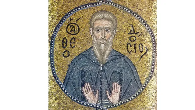 Феодосий Великий, он же Феодосий Киновиарх. Мозаика кафоликона монастыря Неа Мони, XI век. Источник: wikipedia.org