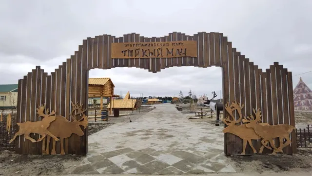 С наступлением темноты ворота в этнопарк превращаются в арку северного сияния благодаря смонтированному освещению. Фото: selkup.yanao.ru
