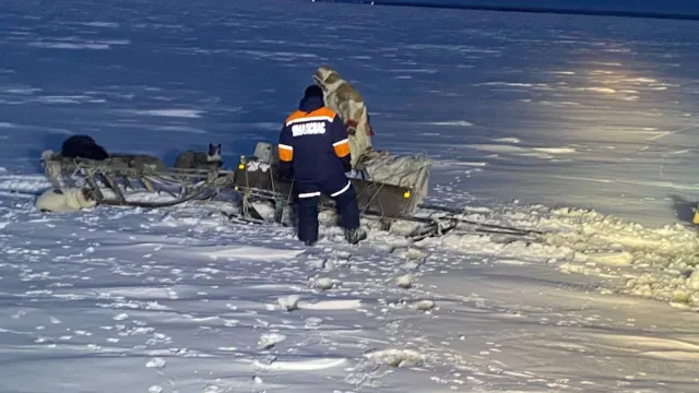 Спасатели помогают тундровику выбраться из ледяного капкана. Фото: «Ямалспас»