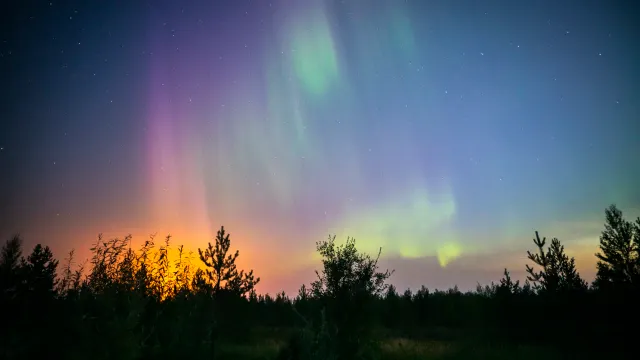 Северное сияние в небе над Тарко-Сале 19 августа. Фото: Андрей Понамарёв / «Ямал-Медиа»